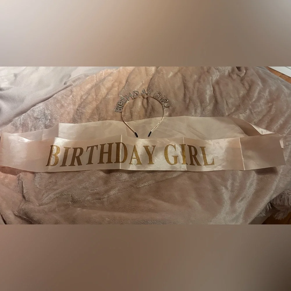 Birthday Girl Sash and Tiara Set - Gold and light pink